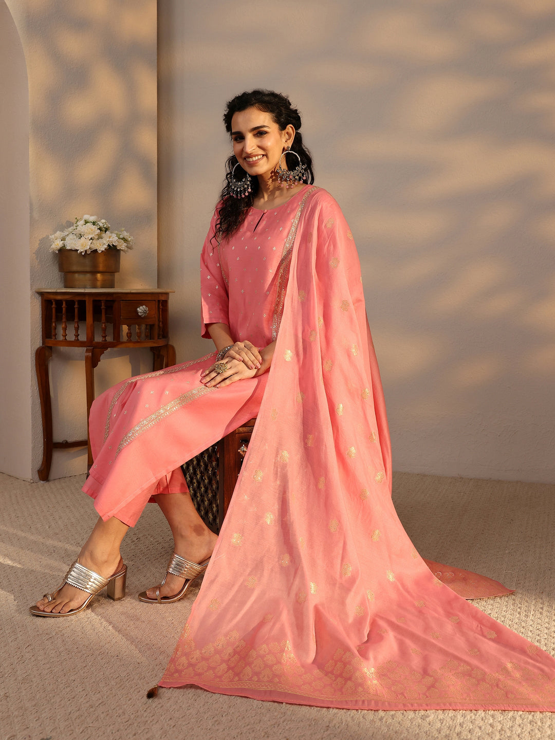  Pink Woven Design Chanderi Silk Straight Suit Set With Dupatta 