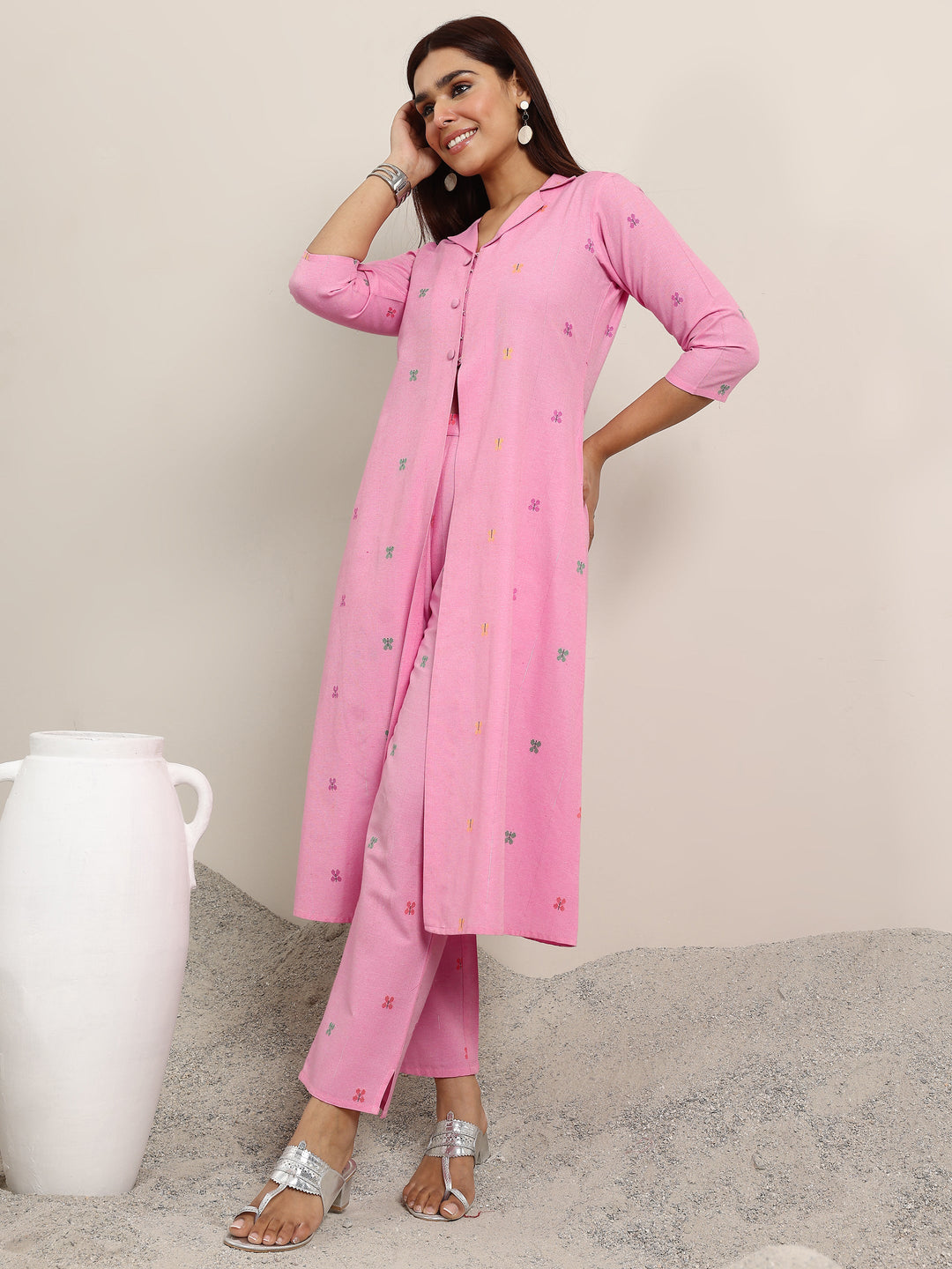  Pink Woven Design Cotton Blend A-Line Kurta Set 