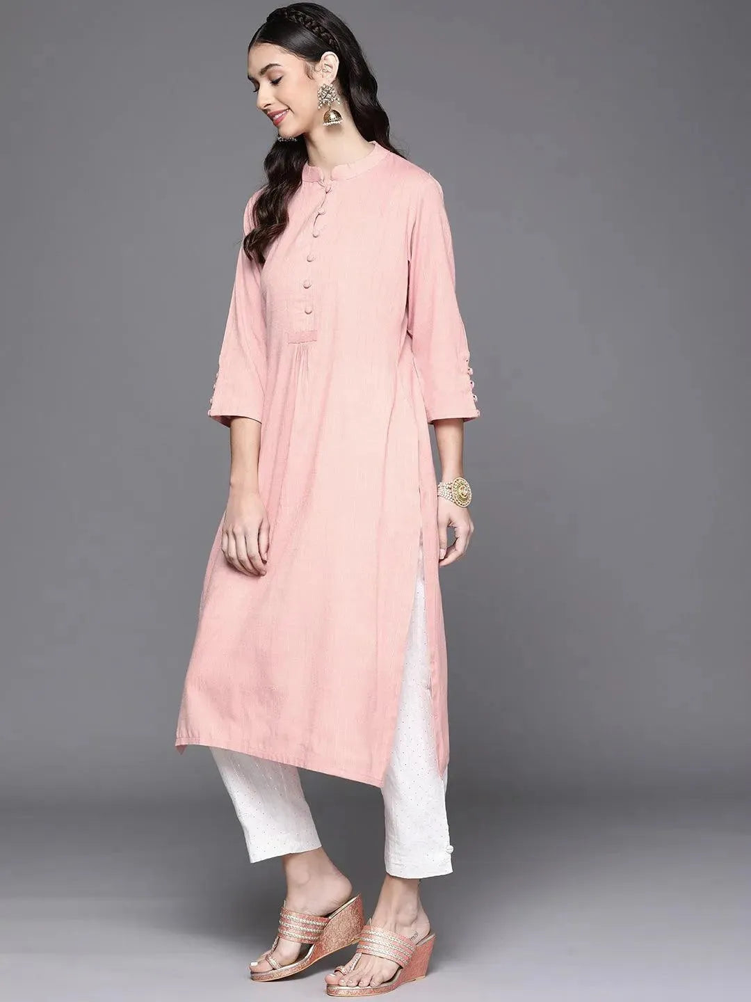 Pink Woven Design Cotton Kurta - Libas 