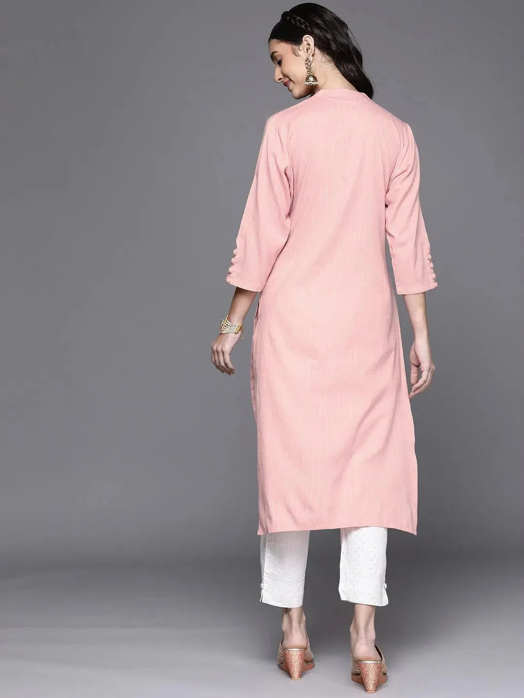 Pink Woven Design Cotton Kurta - Libas 