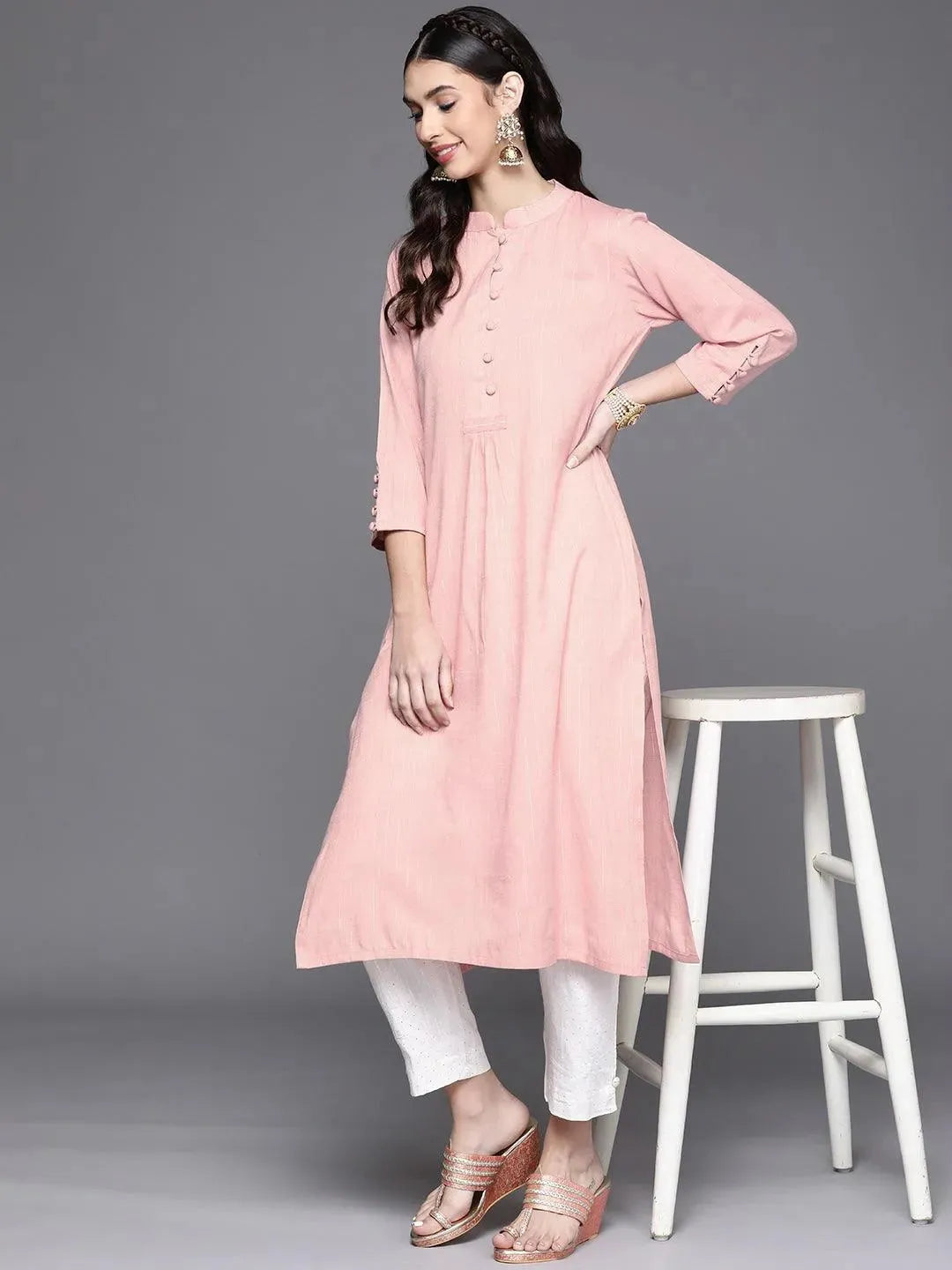 Pink Woven Design Cotton Kurta - Libas 
