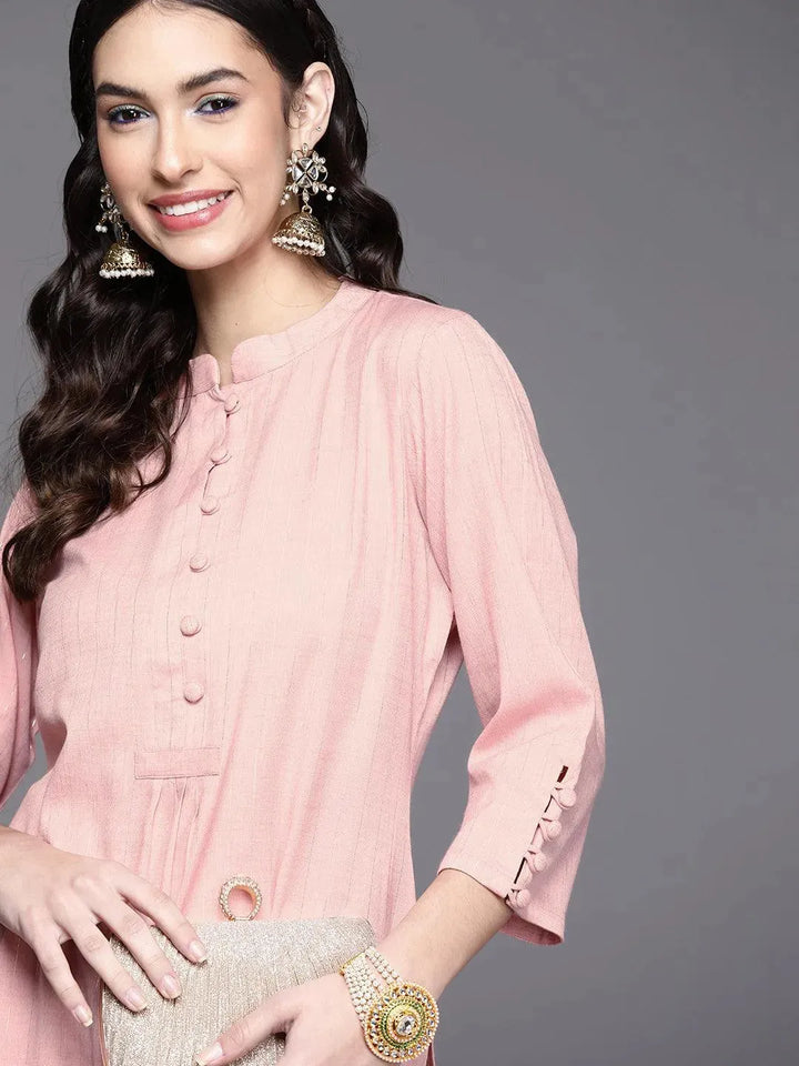Pink Woven Design Cotton Kurta - Libas