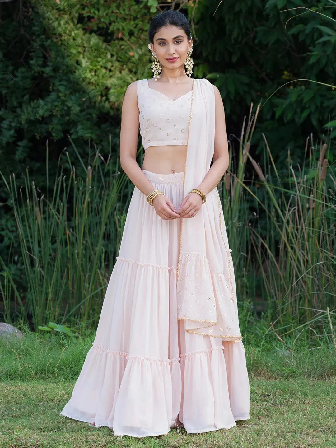 Pink Woven Design Georgette Lehenga Choli - Libas