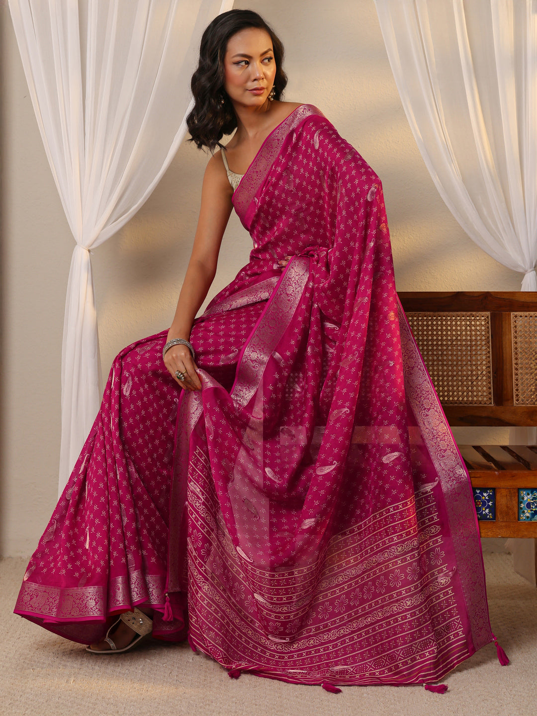  Pink Woven Design Paisley Silk Blend Saree With Unstitched Blouse Piece 