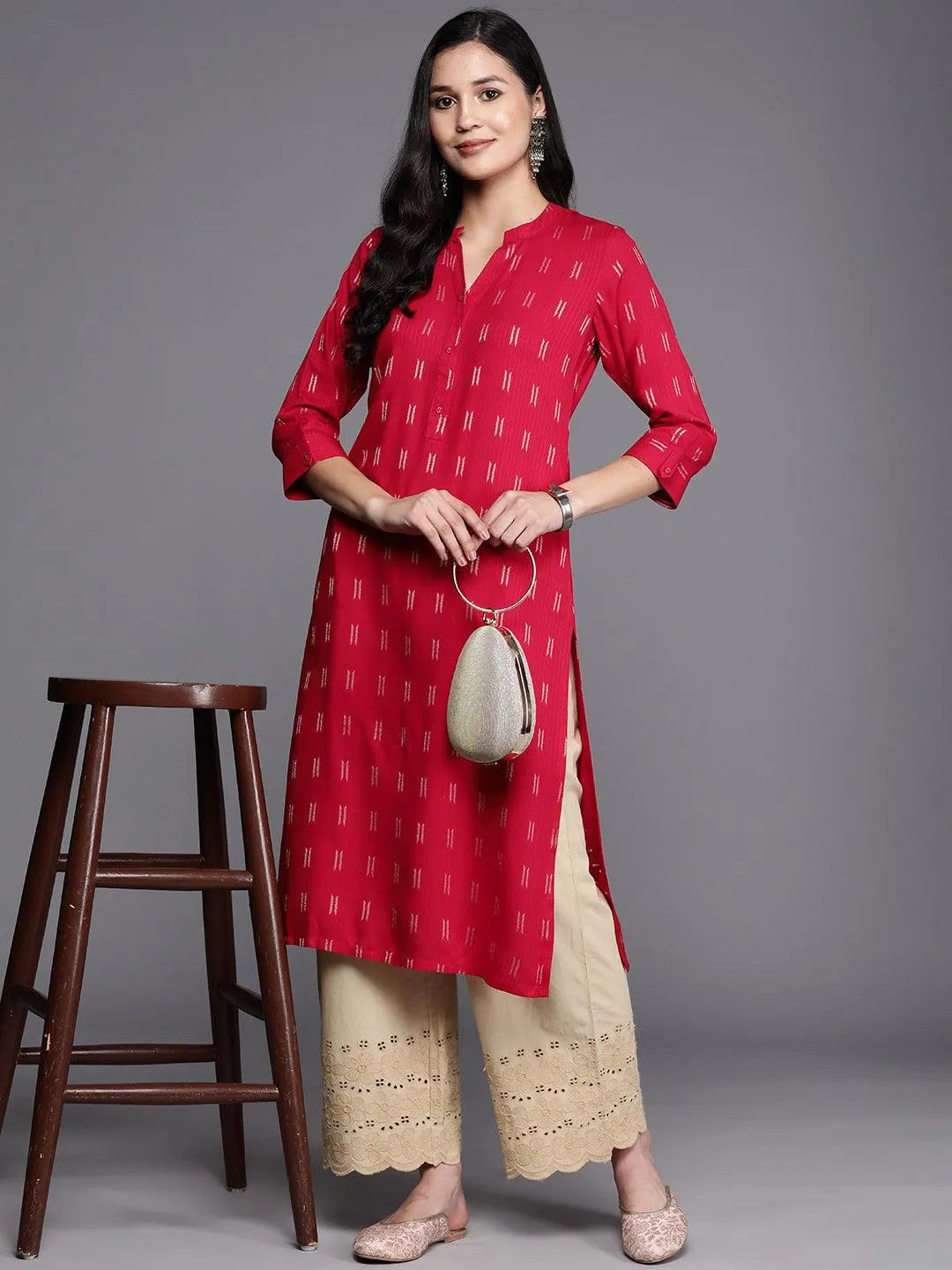 Pink Woven Design Rayon Straight Kurta - Libas 