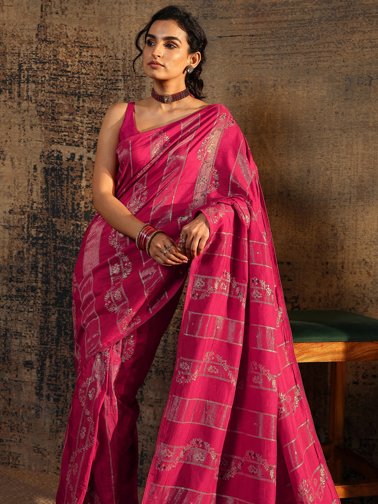 Libas Pink Woven Design Silk Blend Banarasi Saree With Unstitched Blouse Piece