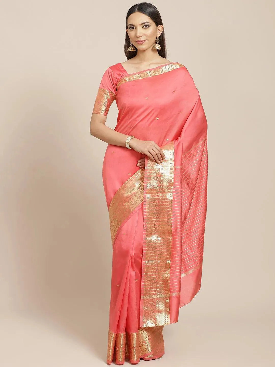 Pink Woven Design Silk Blend Saree - Libas