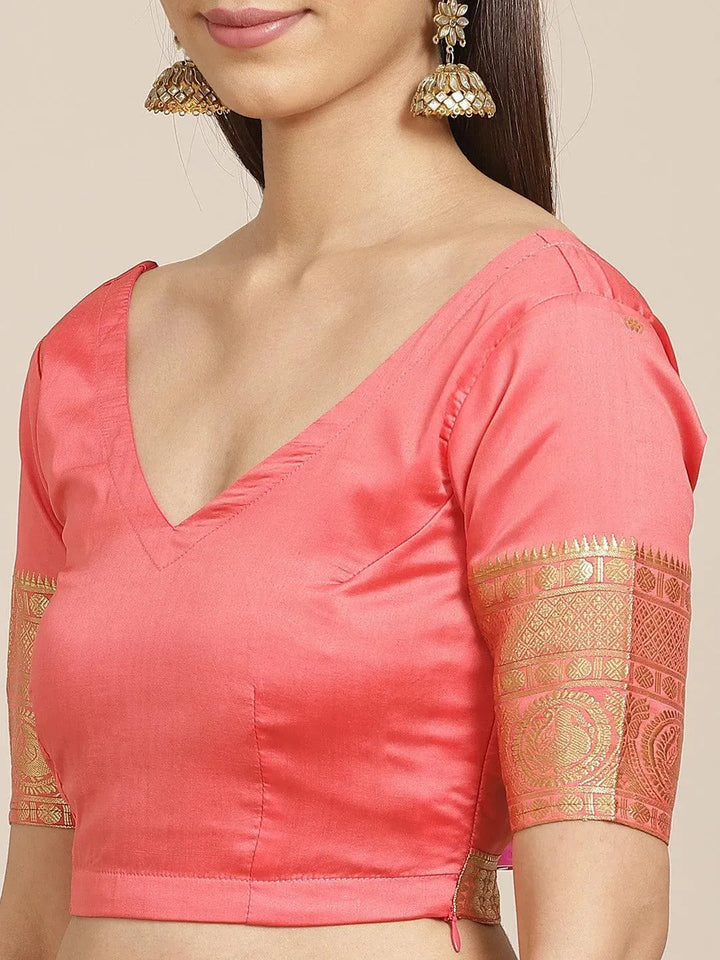 Pink Woven Design Silk Blend Saree - Libas