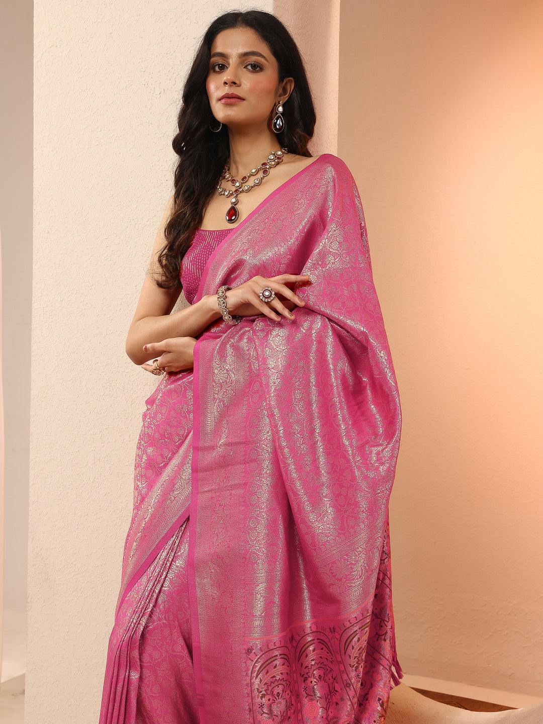 Pink Woven Design Silk Blend Sarees With Unstitched Blouse Piece