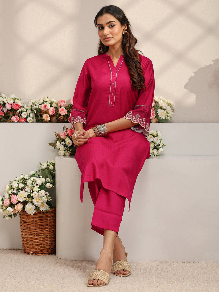 Libas Pink Woven Design Silk Blend Straight Kurta