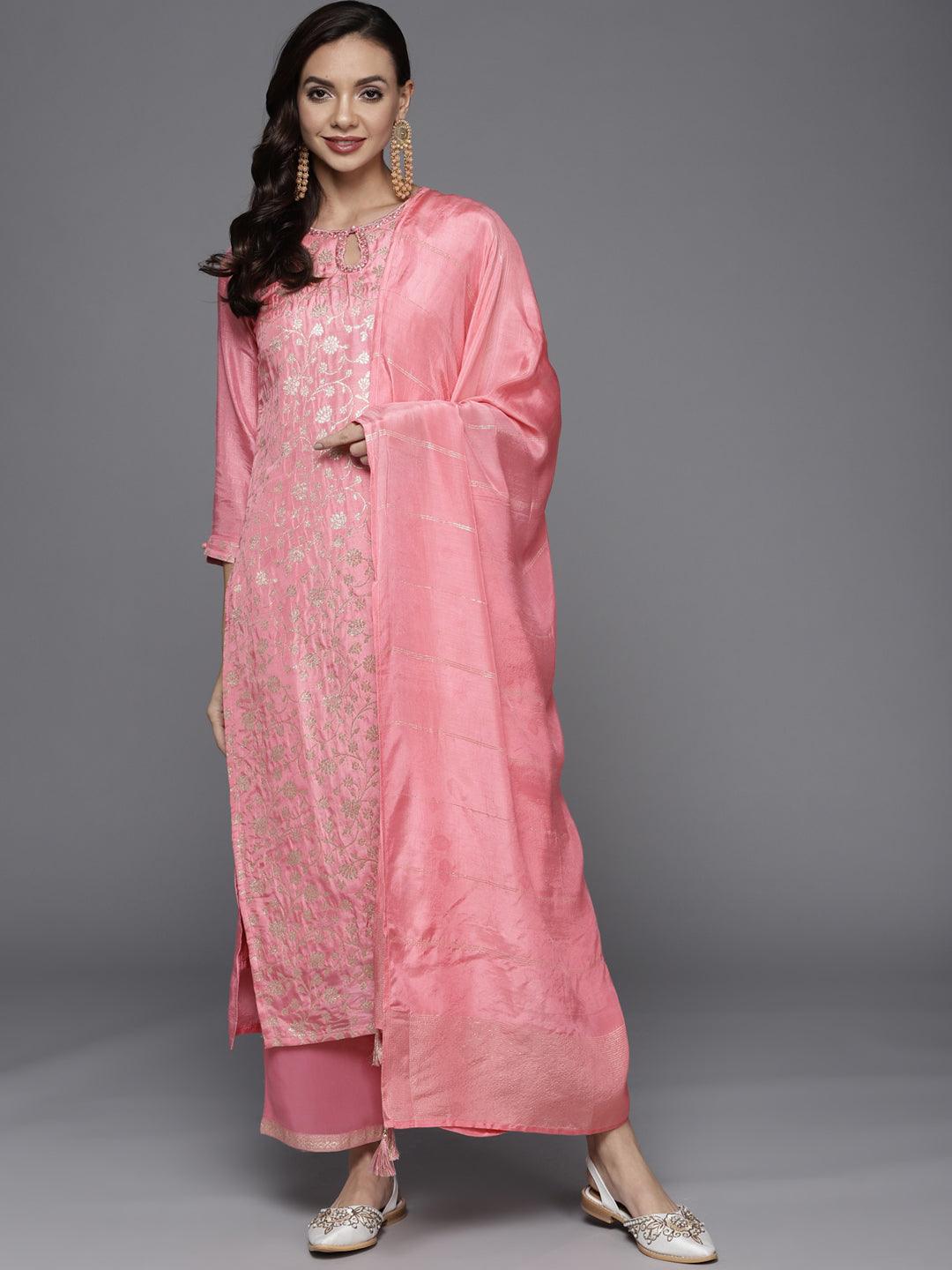 Pink Woven Design Silk Blend Straight Kurta With Palazzos & Dupatta