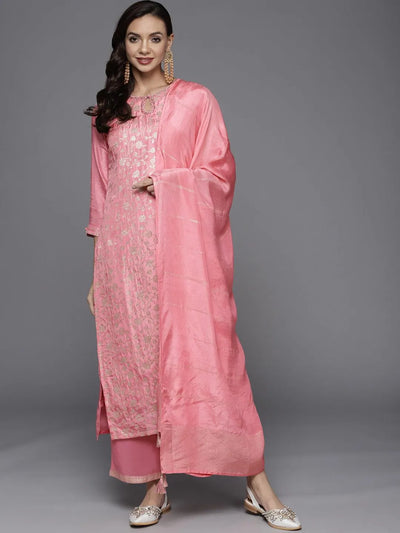 Pink Woven Design Silk Blend Straight Suit Set - Libas