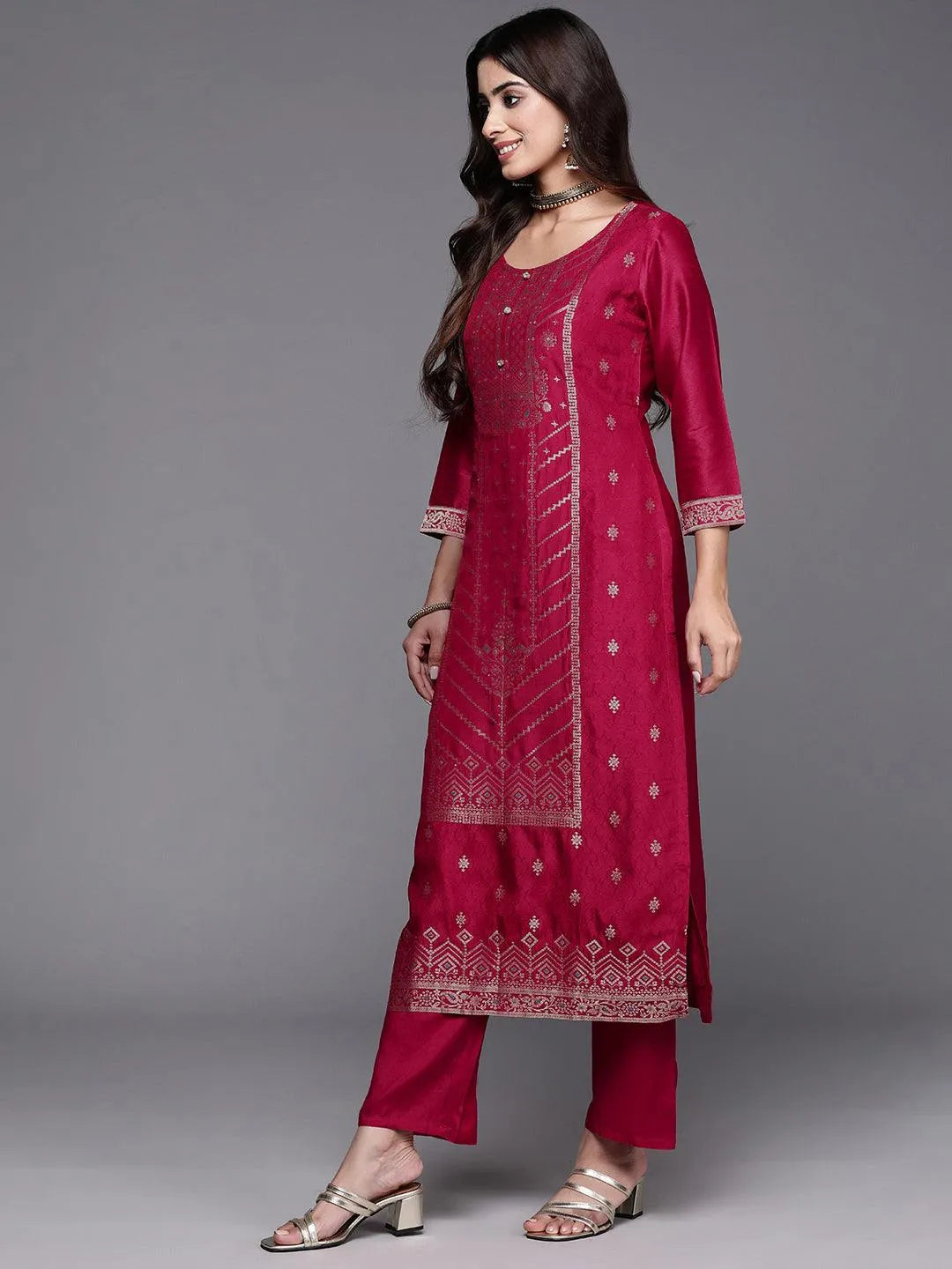 Pink Woven Design Silk Blend Straight Kurta With Palazzos & Dupatta - Libas 
