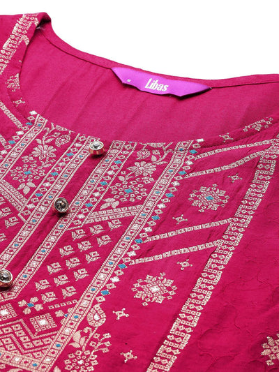 Pink Woven Design Silk Blend Straight Kurta With Palazzos & Dupatta - Libas