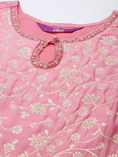 Pink Woven Design Silk Blend Straight Suit Set - Libas