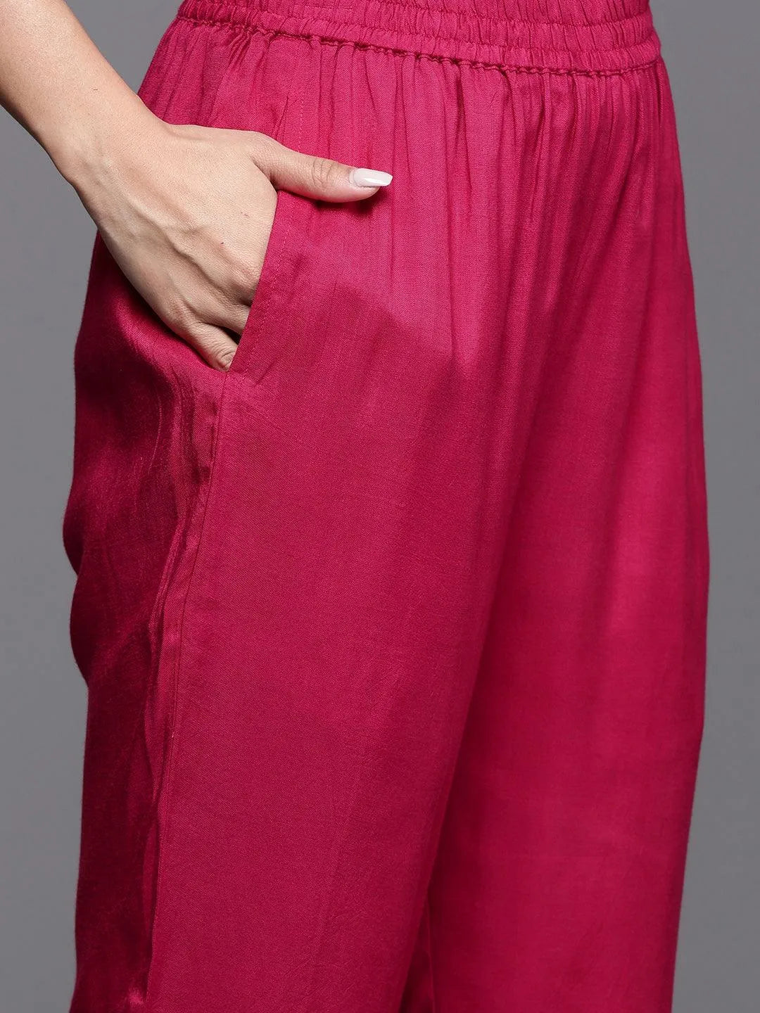 Pink Woven Design Silk Blend Straight Kurta With Palazzos & Dupatta - Libas 