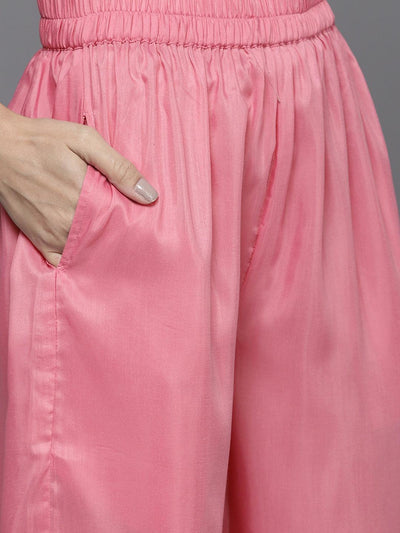 Pink Woven Design Silk Blend Straight Suit Set - Libas