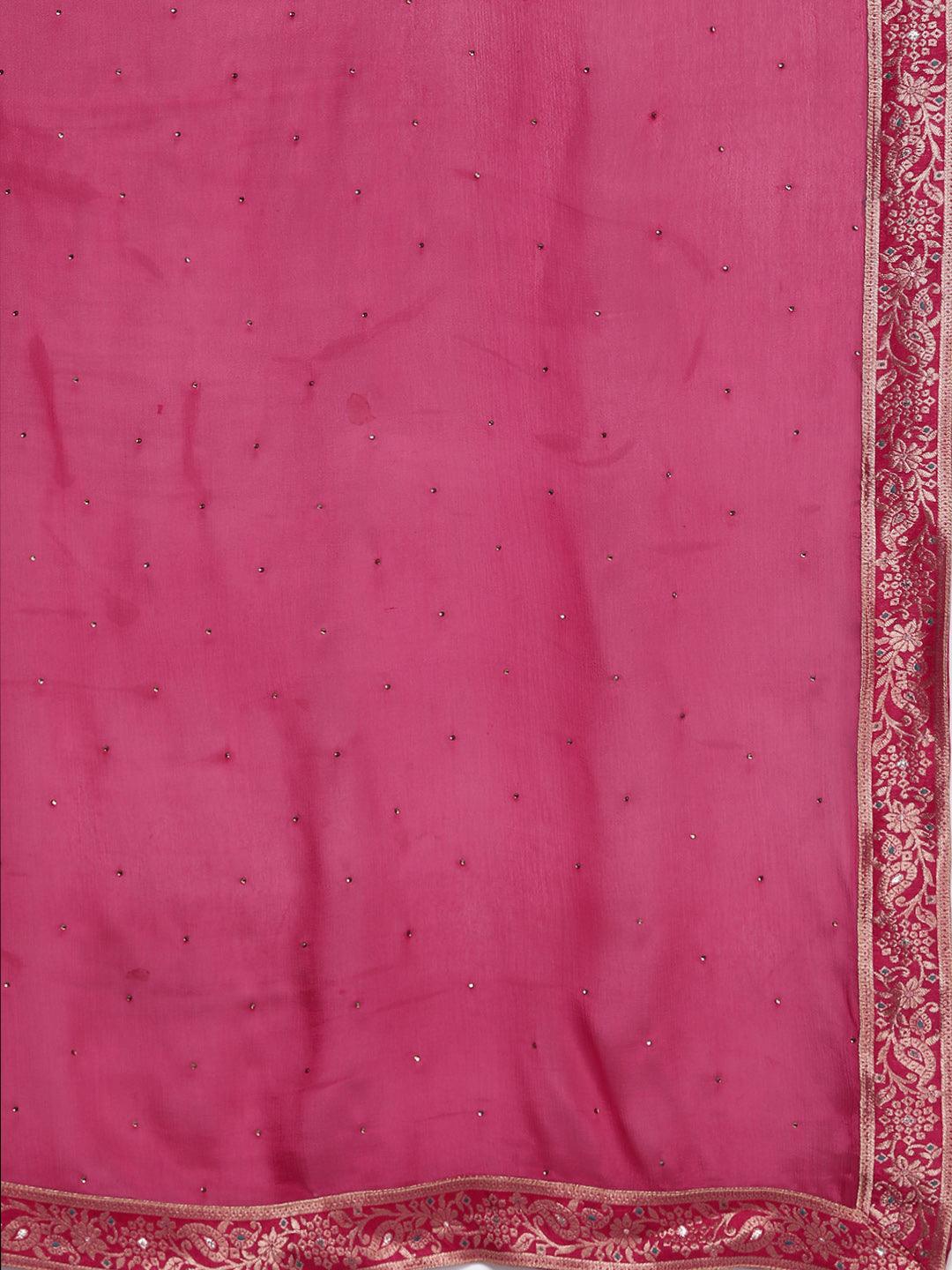 Pink Woven Design Silk Blend Straight Kurta With Palazzos & Dupatta - Libas