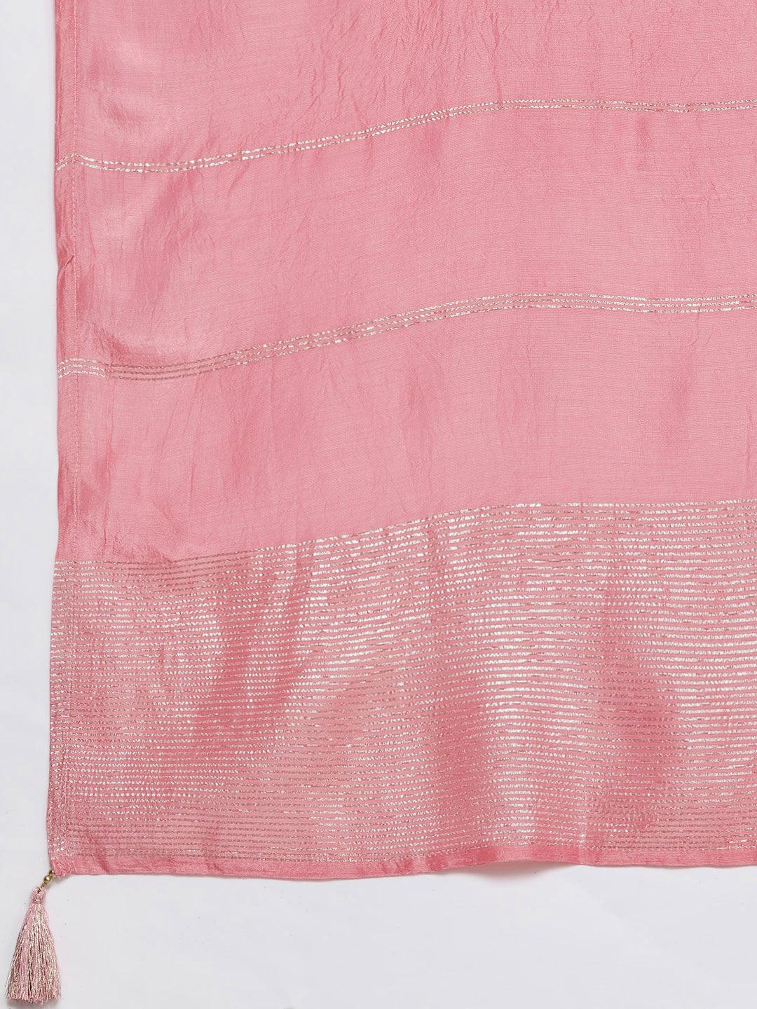 Pink Woven Design Silk Blend Straight Kurta With Palazzos & Dupatta