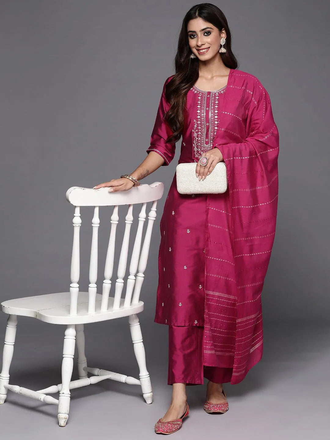 Pink Woven Design Silk Blend Straight Kurta With Trousers & Dupatta - Libas