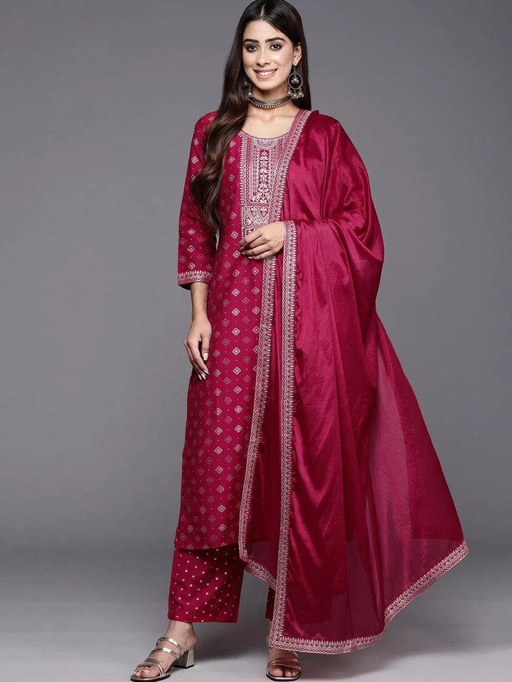 Pink Woven Design Silk Blend Straight Kurta With Trousers & Dupatta - Libas