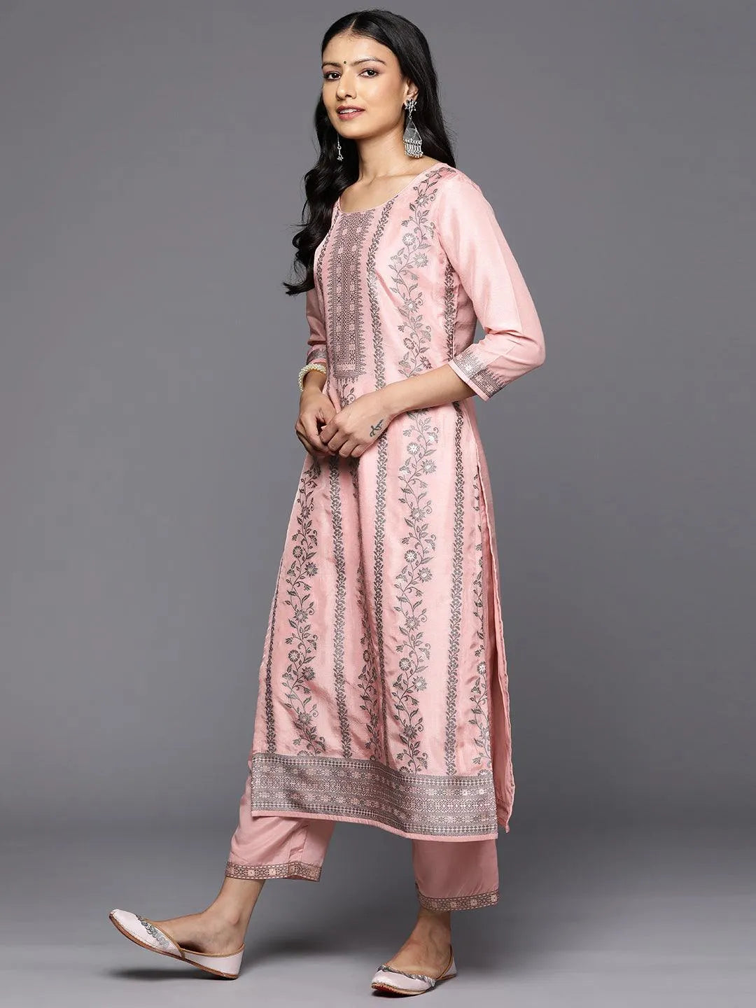 Pink Woven Design Silk Blend Straight Kurta With Trousers & Dupatta - Libas 
