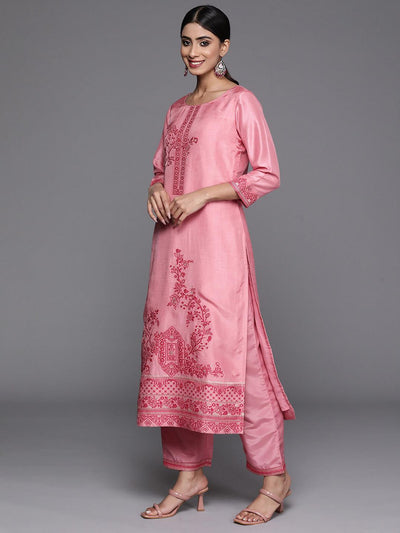 Pink Woven Design Silk Blend Straight Kurta With Trousers & Dupatta - Libas