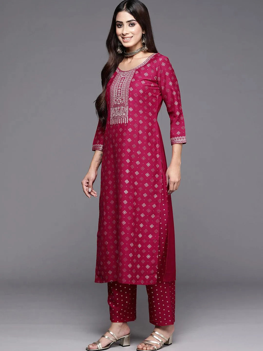 Pink Woven Design Silk Blend Straight Kurta With Trousers & Dupatta - Libas