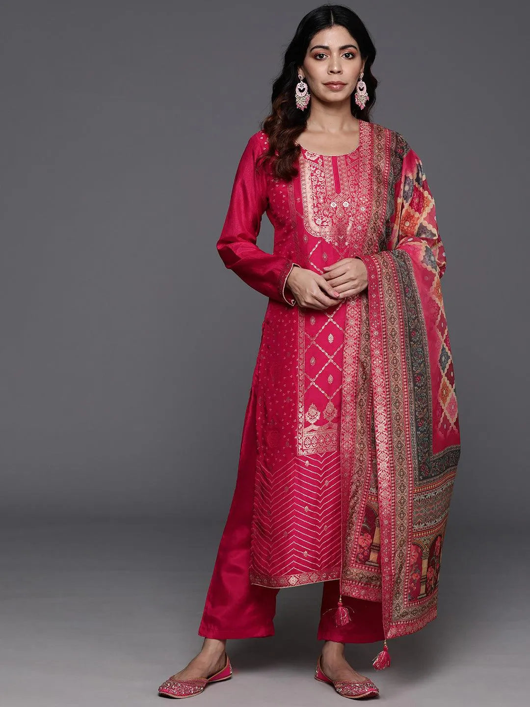 Pink Woven Design Silk Blend Straight Kurta With Trousers & Dupatta - Libas 