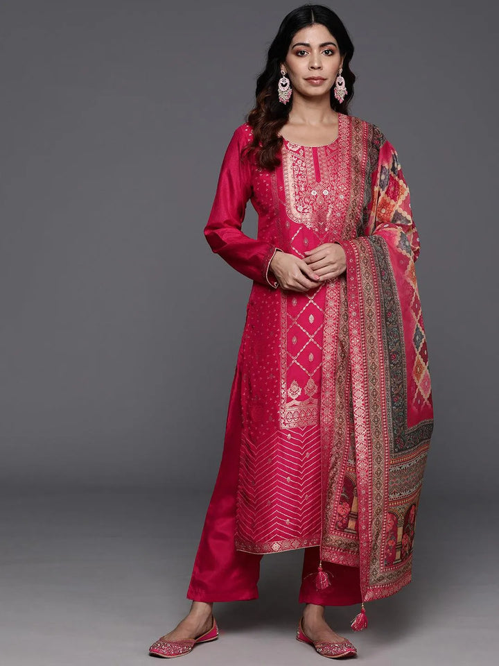 Pink Woven Design Silk Blend Straight Kurta With Trousers & Dupatta - Libas