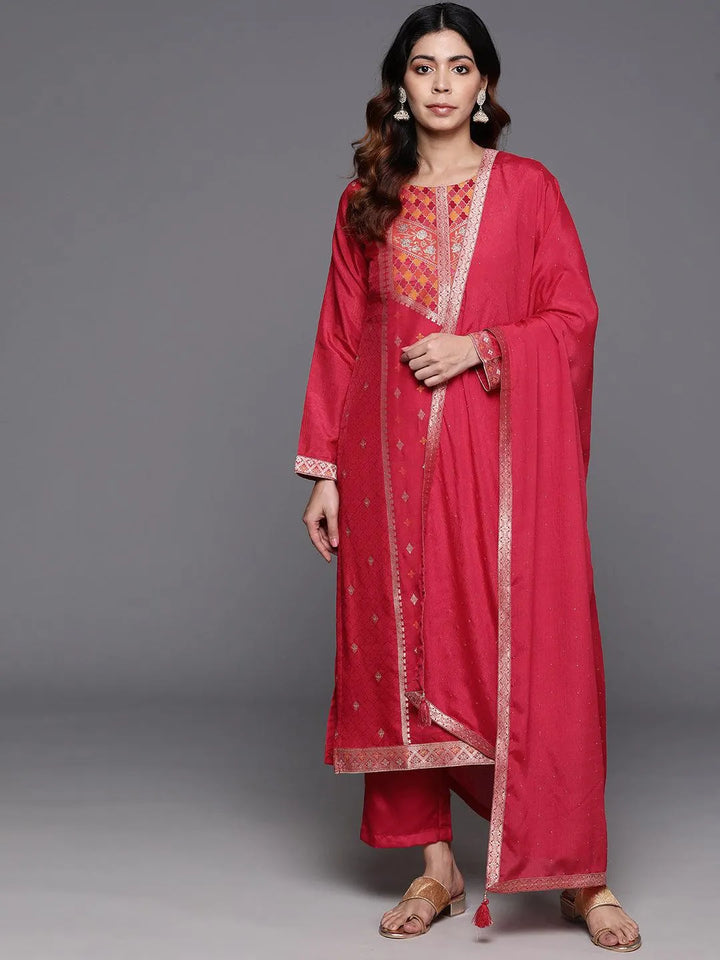 Pink Woven Design Silk Blend Straight Kurta With Trousers & Dupatta - Libas