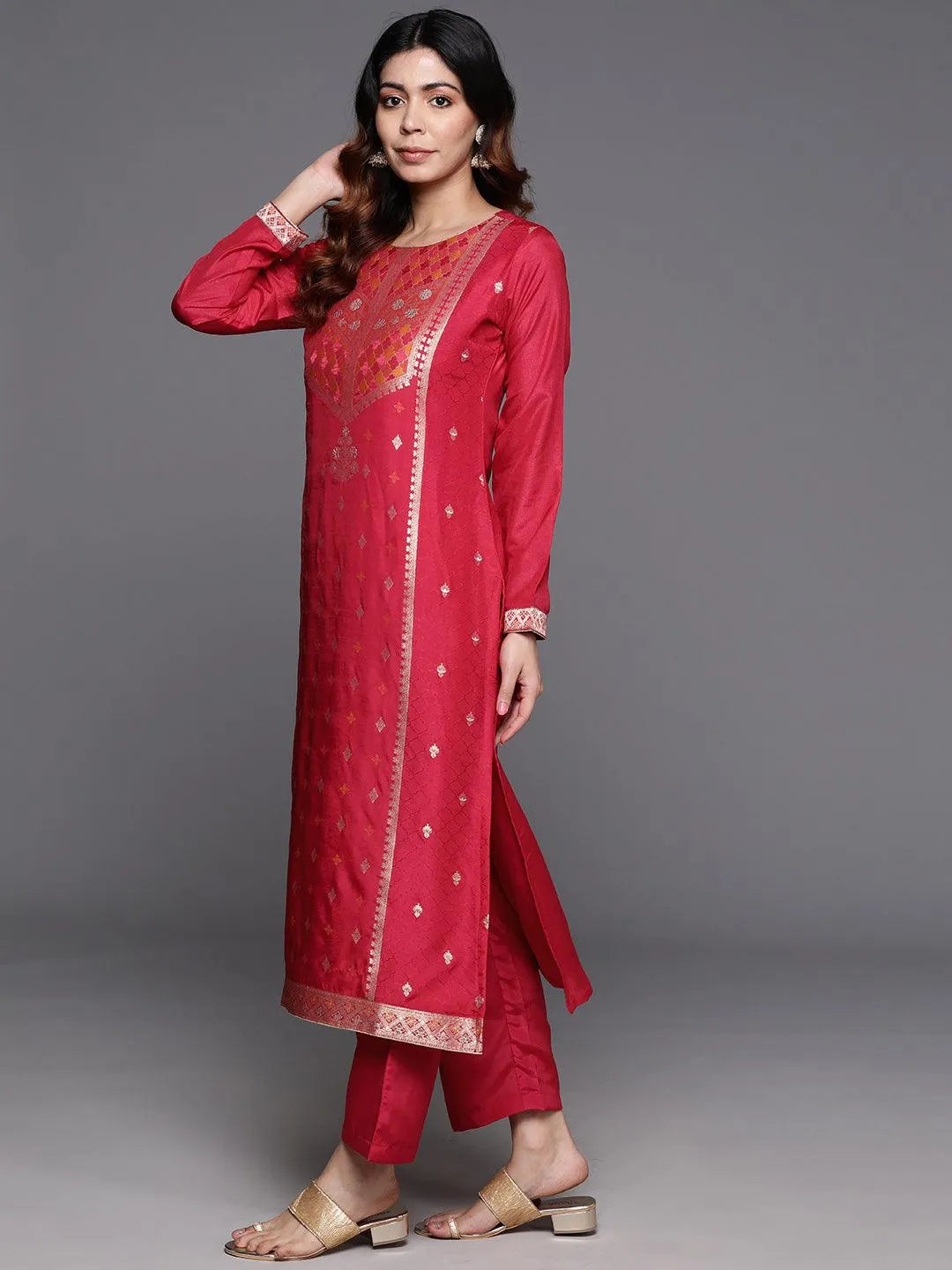 Pink Woven Design Silk Blend Straight Kurta With Trousers & Dupatta - Libas