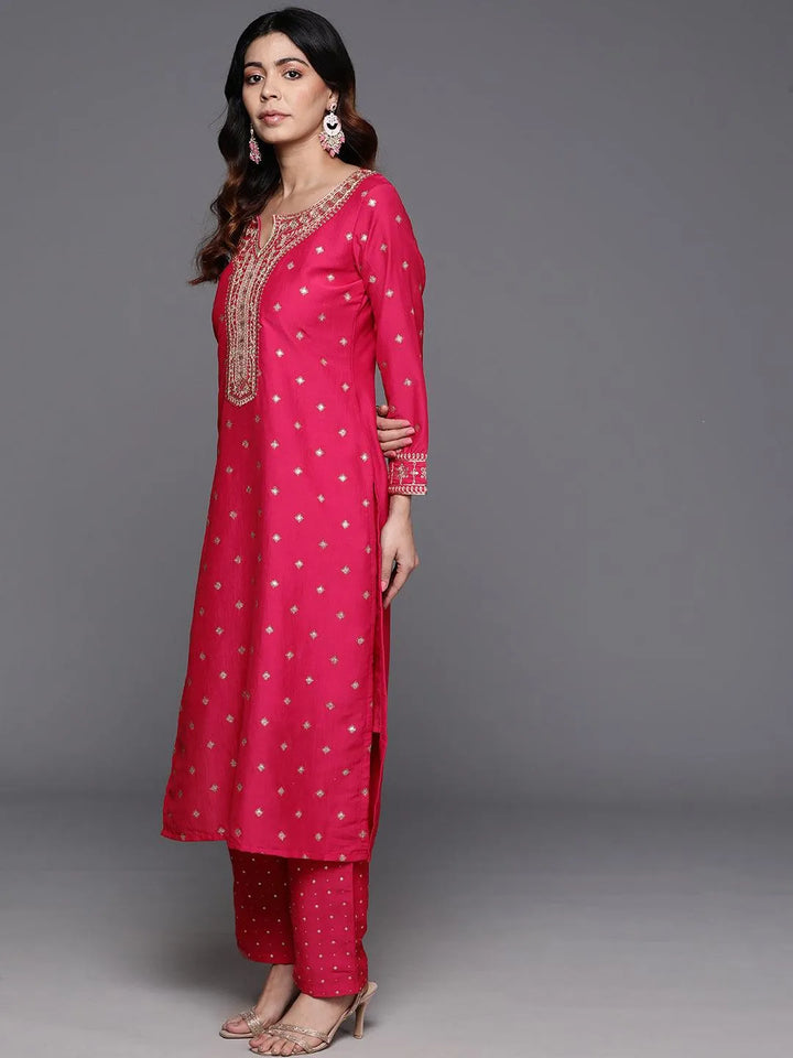Pink Woven Design Silk Blend Straight Suit With Dupatta - Libas