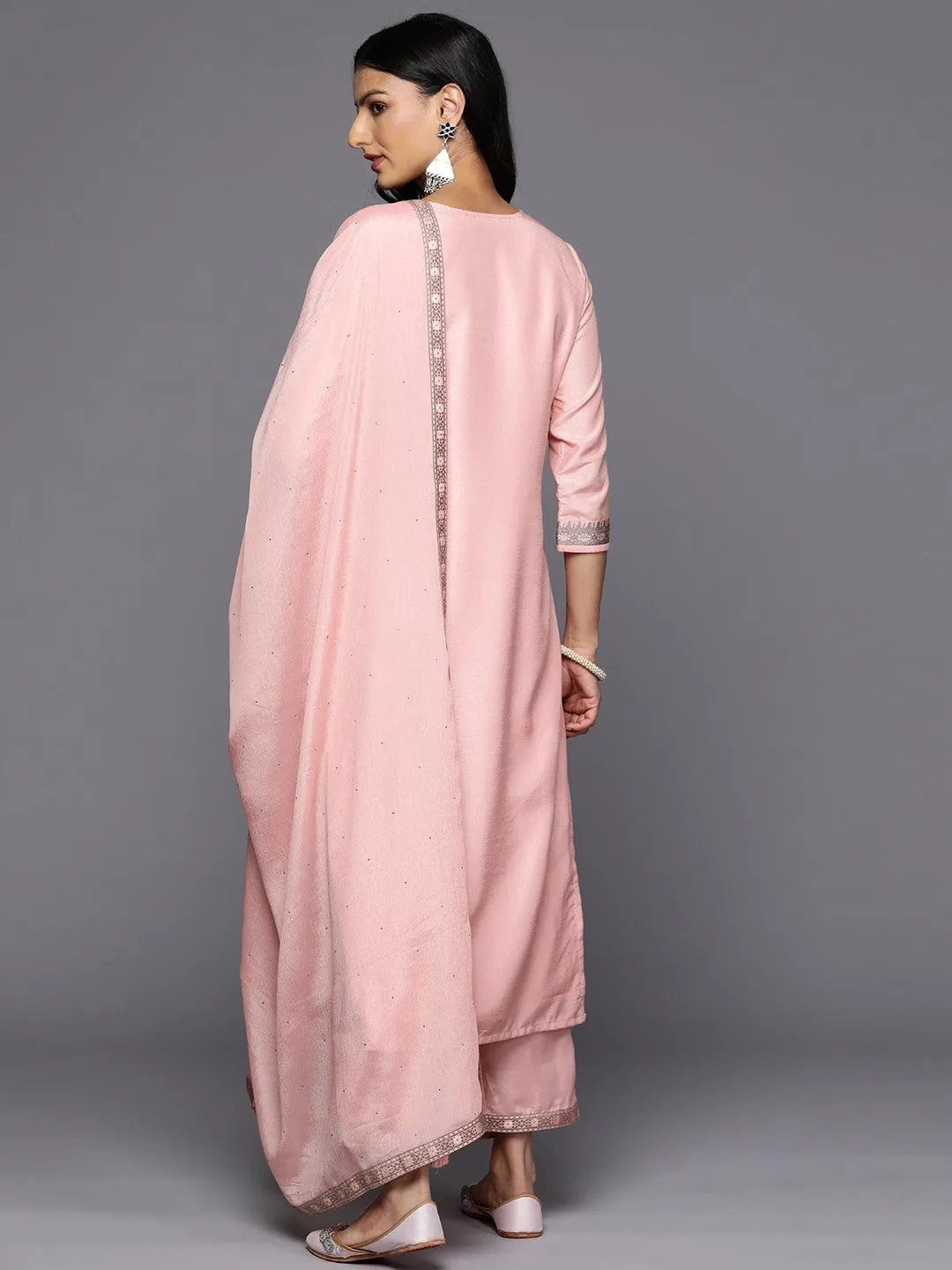 Pink Woven Design Silk Blend Straight Kurta With Trousers & Dupatta - Libas 