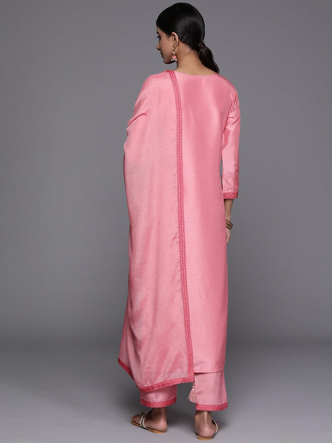 Pink Woven Design Silk Blend Straight Kurta With Trousers & Dupatta