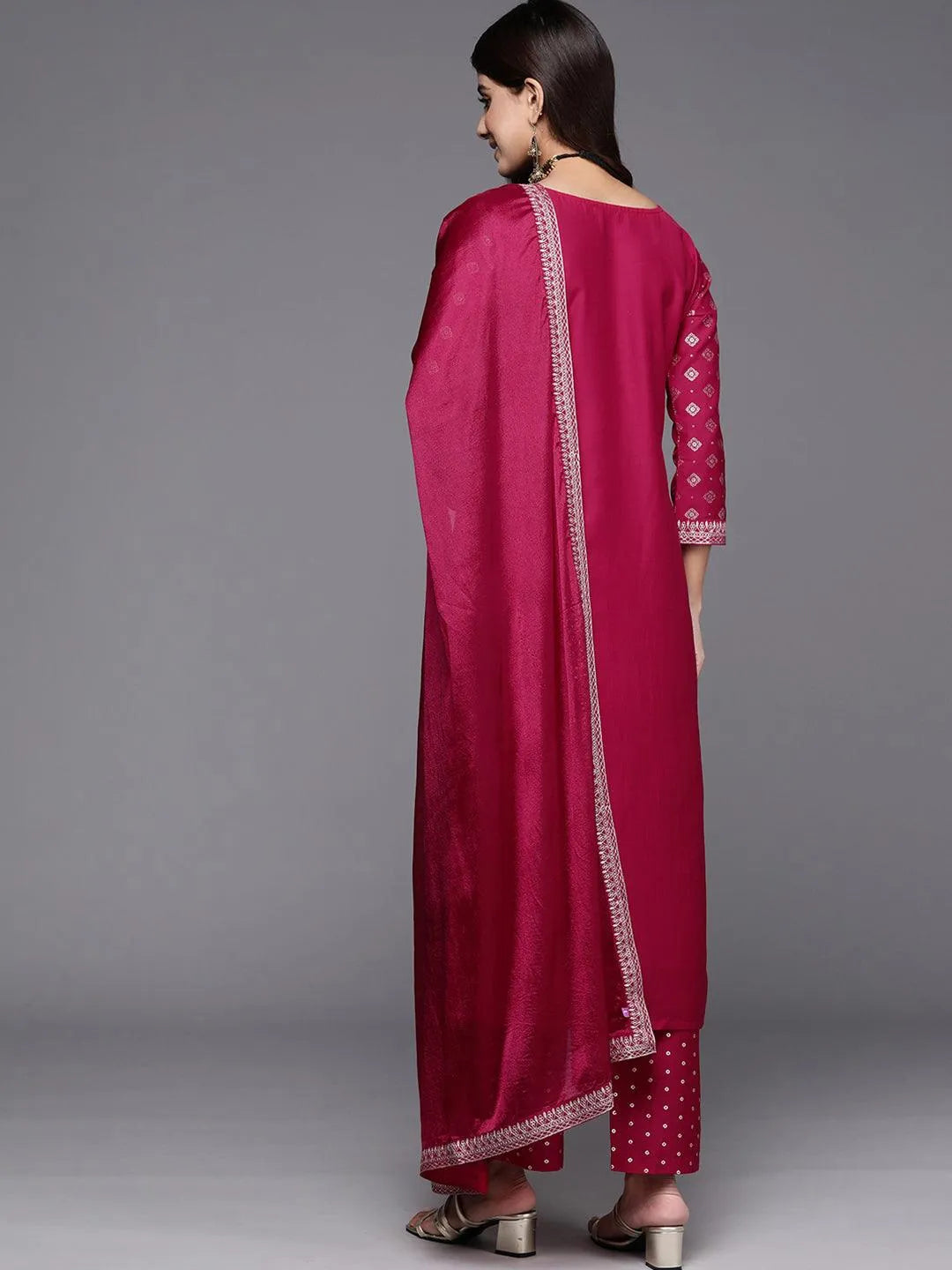 Pink Woven Design Silk Blend Straight Kurta With Trousers & Dupatta - Libas