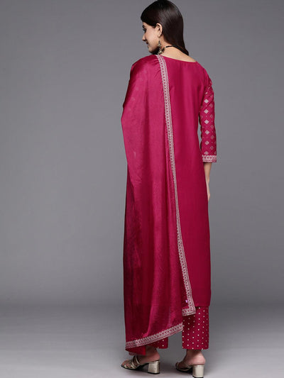 Pink Woven Design Silk Blend Straight Kurta With Trousers & Dupatta - Libas
