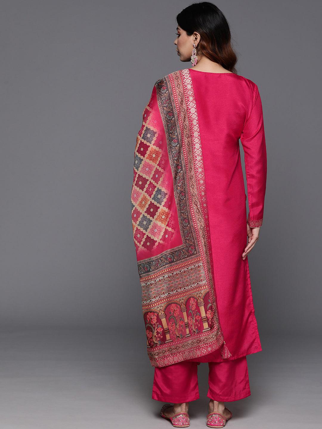 Pink Woven Design Silk Blend Straight Suit With Dupatta