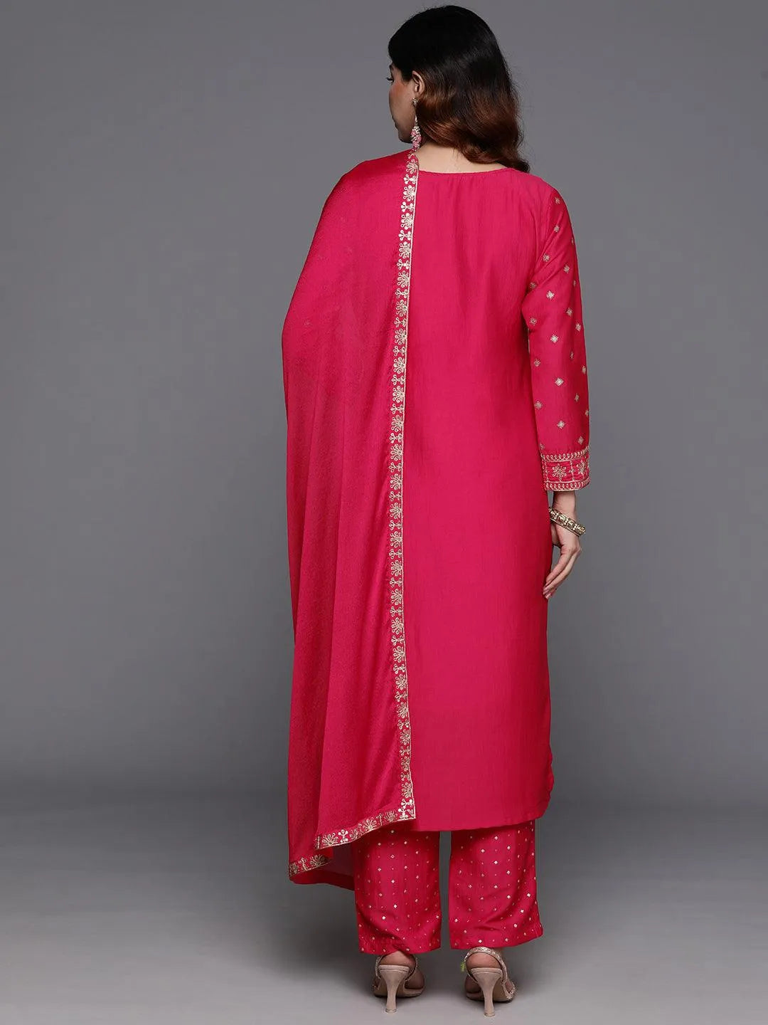 Pink Woven Design Silk Blend Straight Suit With Dupatta - Libas 