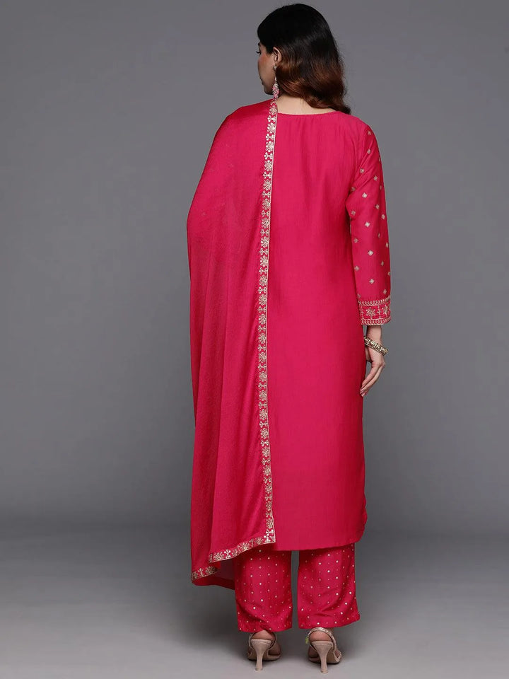 Pink Woven Design Silk Blend Straight Suit With Dupatta - Libas