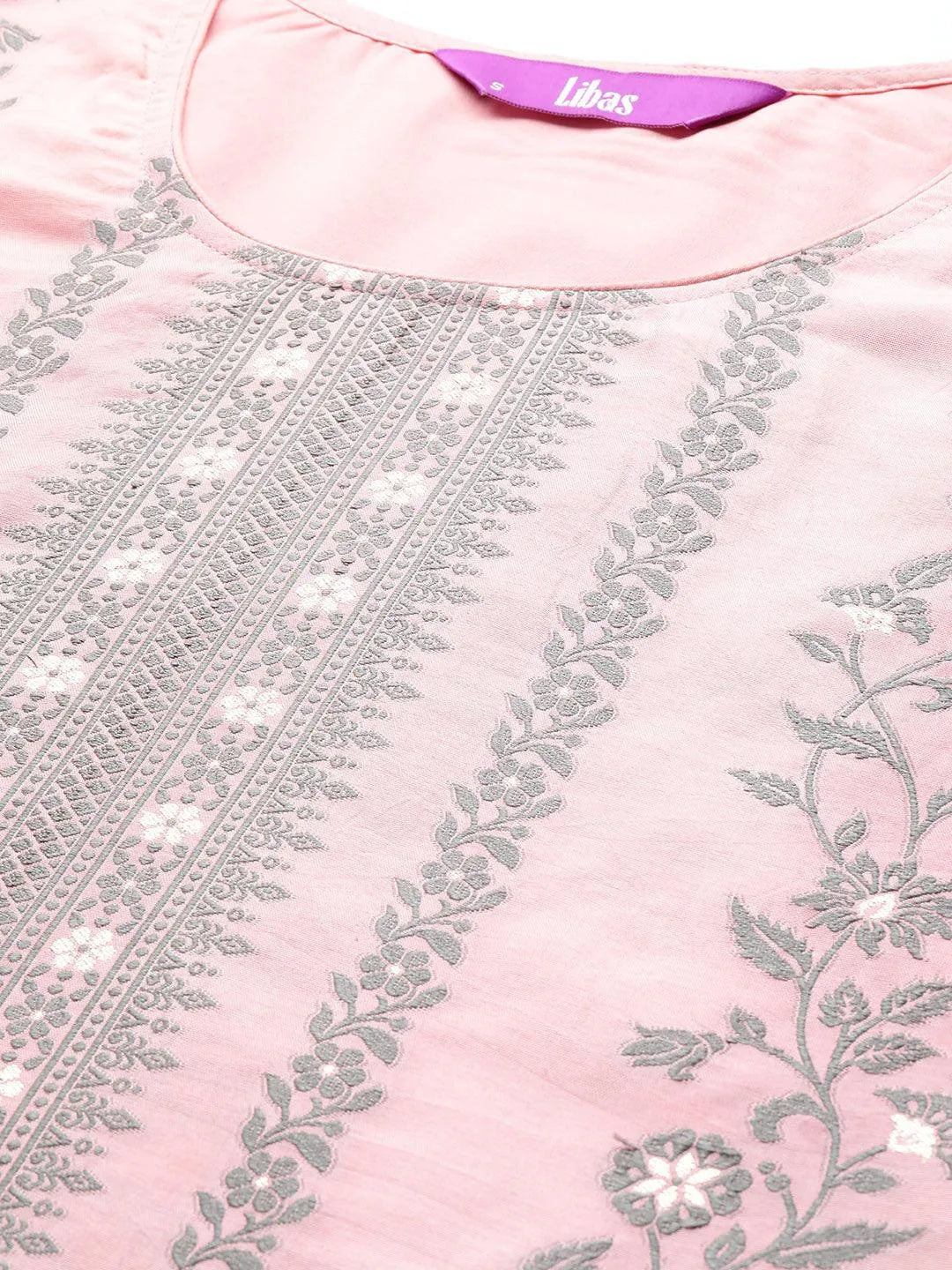 Pink Woven Design Silk Blend Straight Kurta With Trousers & Dupatta - Libas 