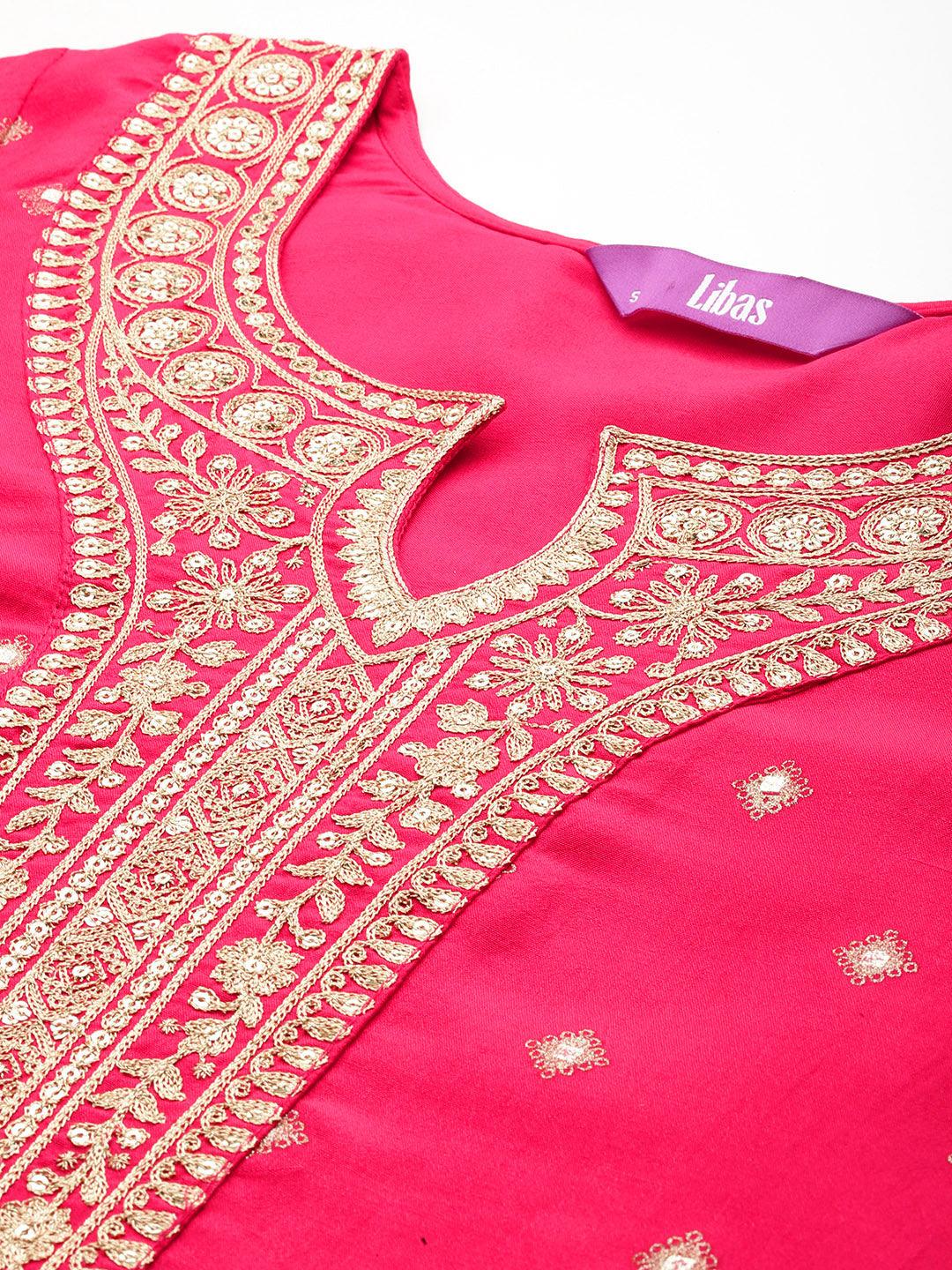 Pink Woven Design Silk Blend Straight Suit With Dupatta