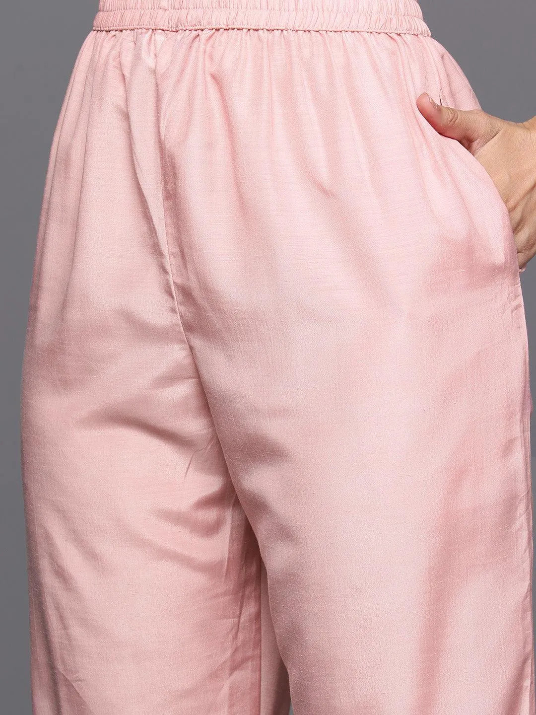 Pink Woven Design Silk Blend Straight Kurta With Trousers & Dupatta - Libas 