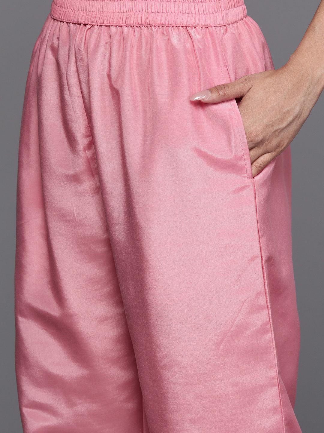 Pink Woven Design Silk Blend Straight Kurta With Trousers & Dupatta