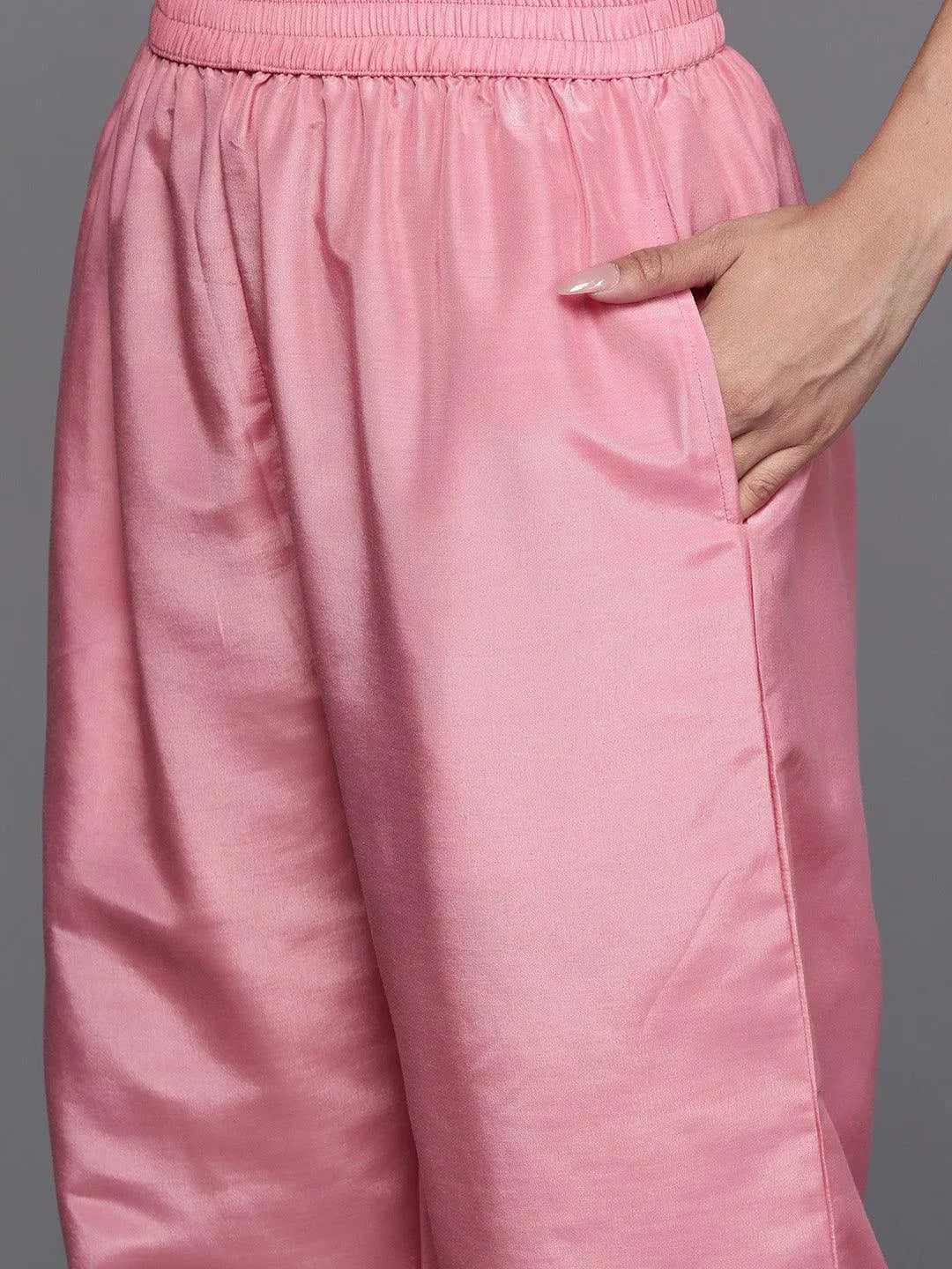 Pink Woven Design Silk Blend Straight Kurta With Trousers & Dupatta - Libas 