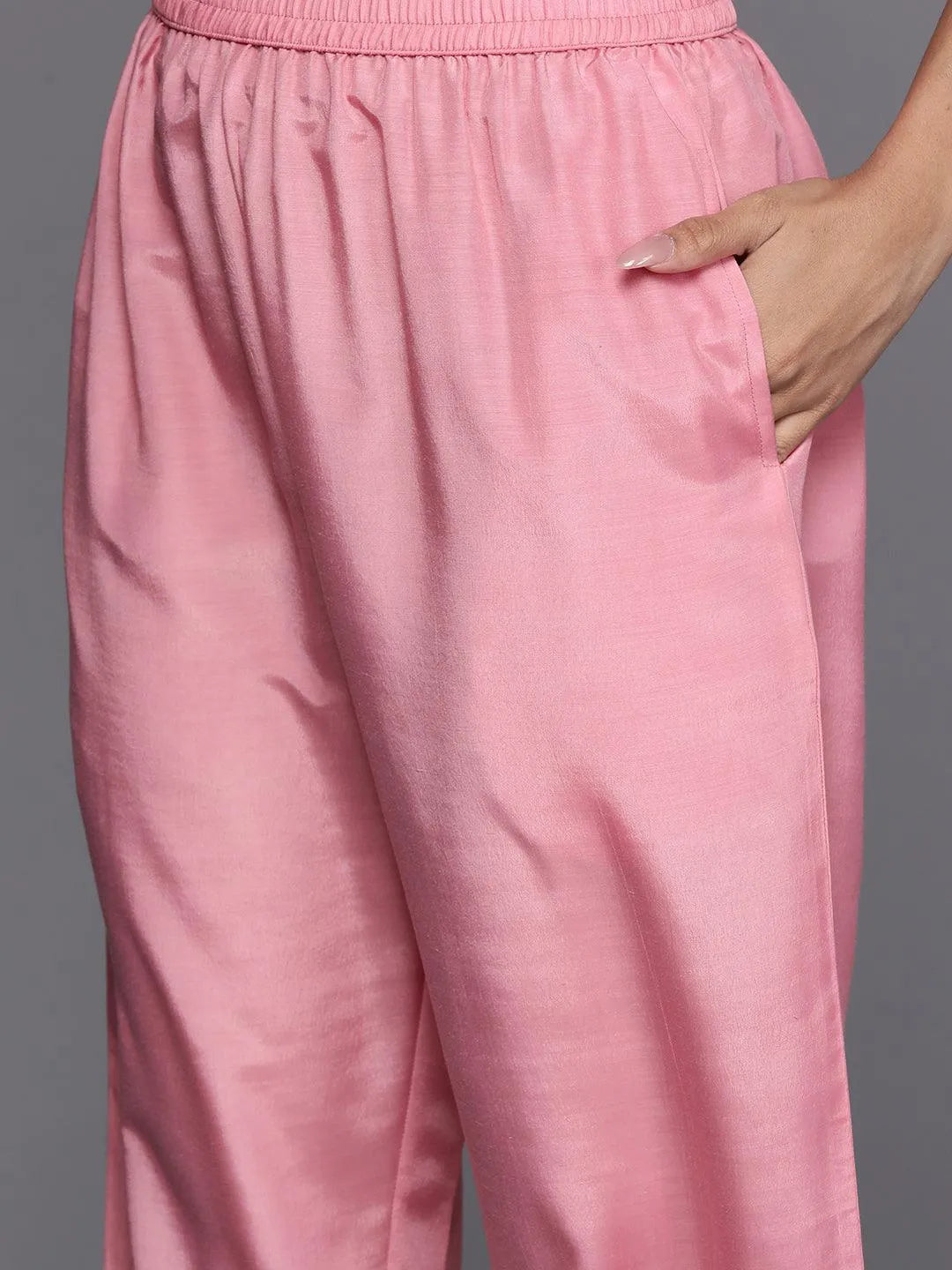 Pink Woven Design Silk Blend Straight Kurta With Trousers & Dupatta - Libas 