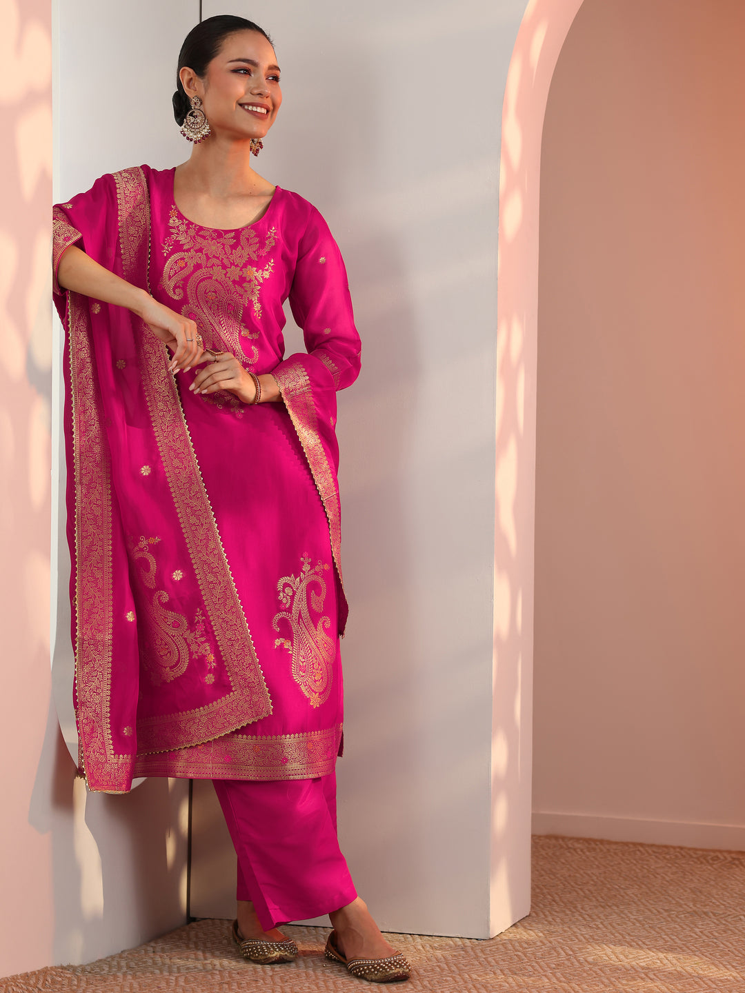  Pink Woven Design Silk Blend Straight Suit Set With Dupatta 