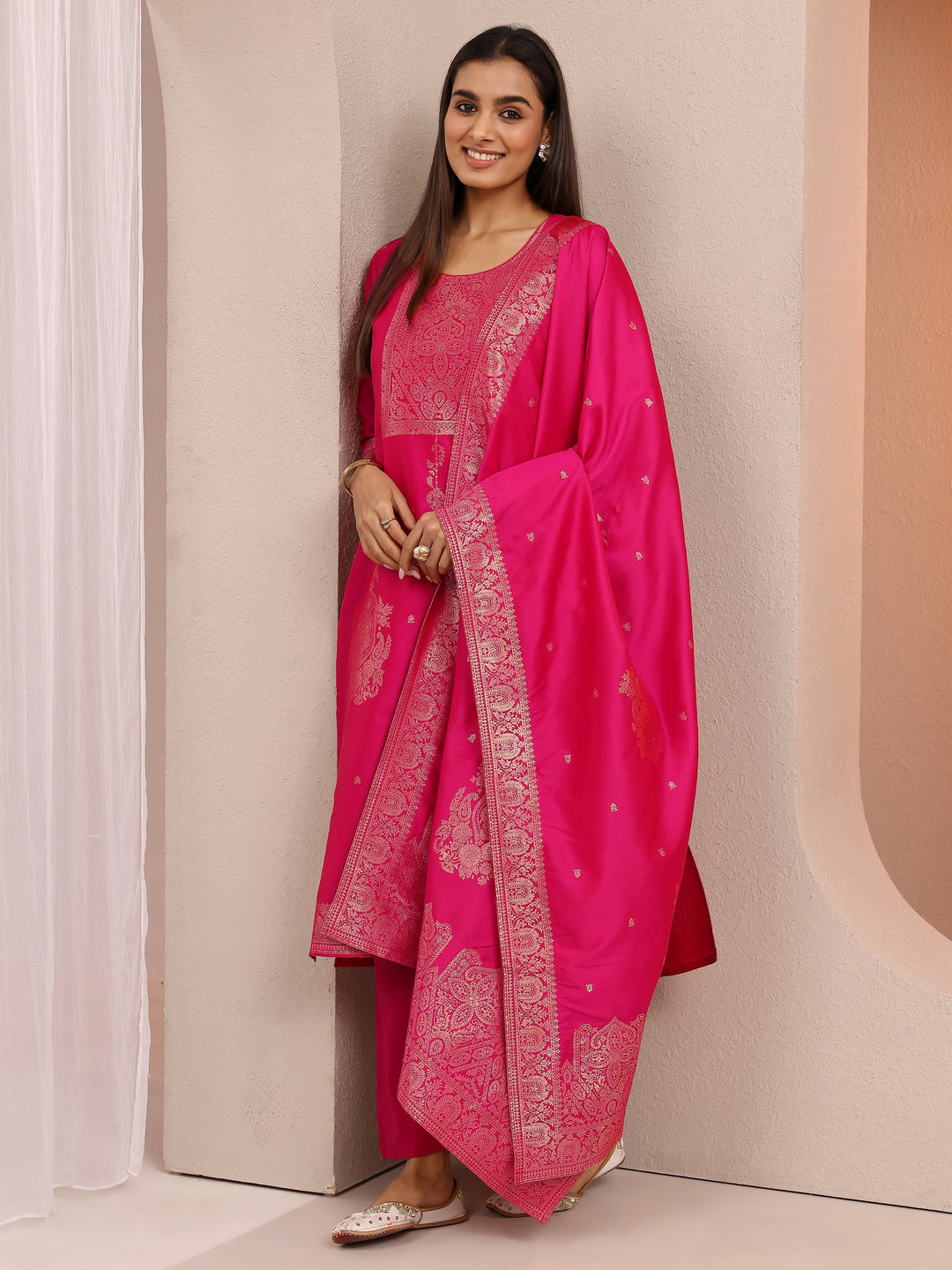 Pink Woven Design Silk blend Straight Suit Set With Dupatta