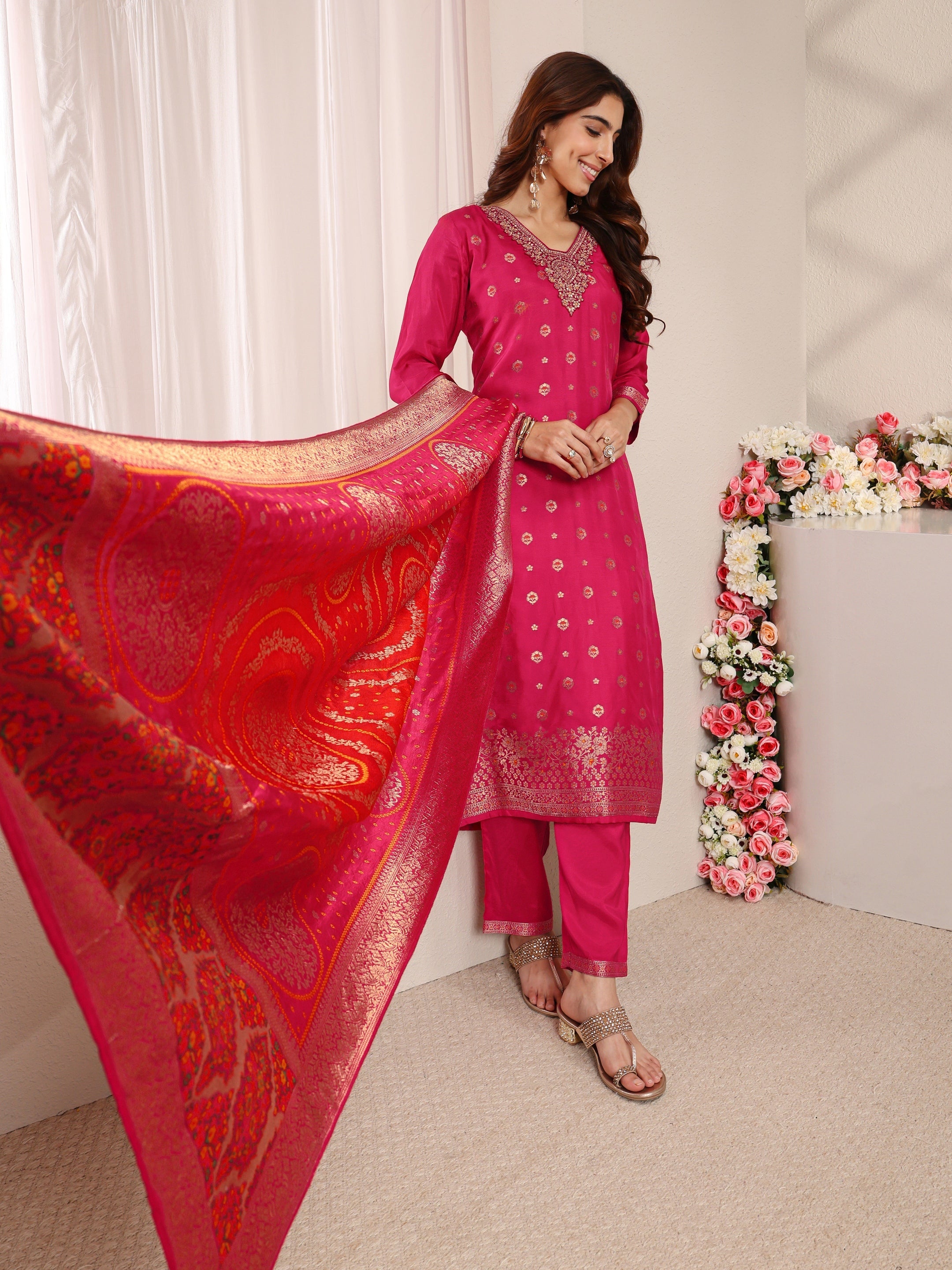 Pink Woven Design Silk Blend Straight Suit Set With Dupatta-image-44