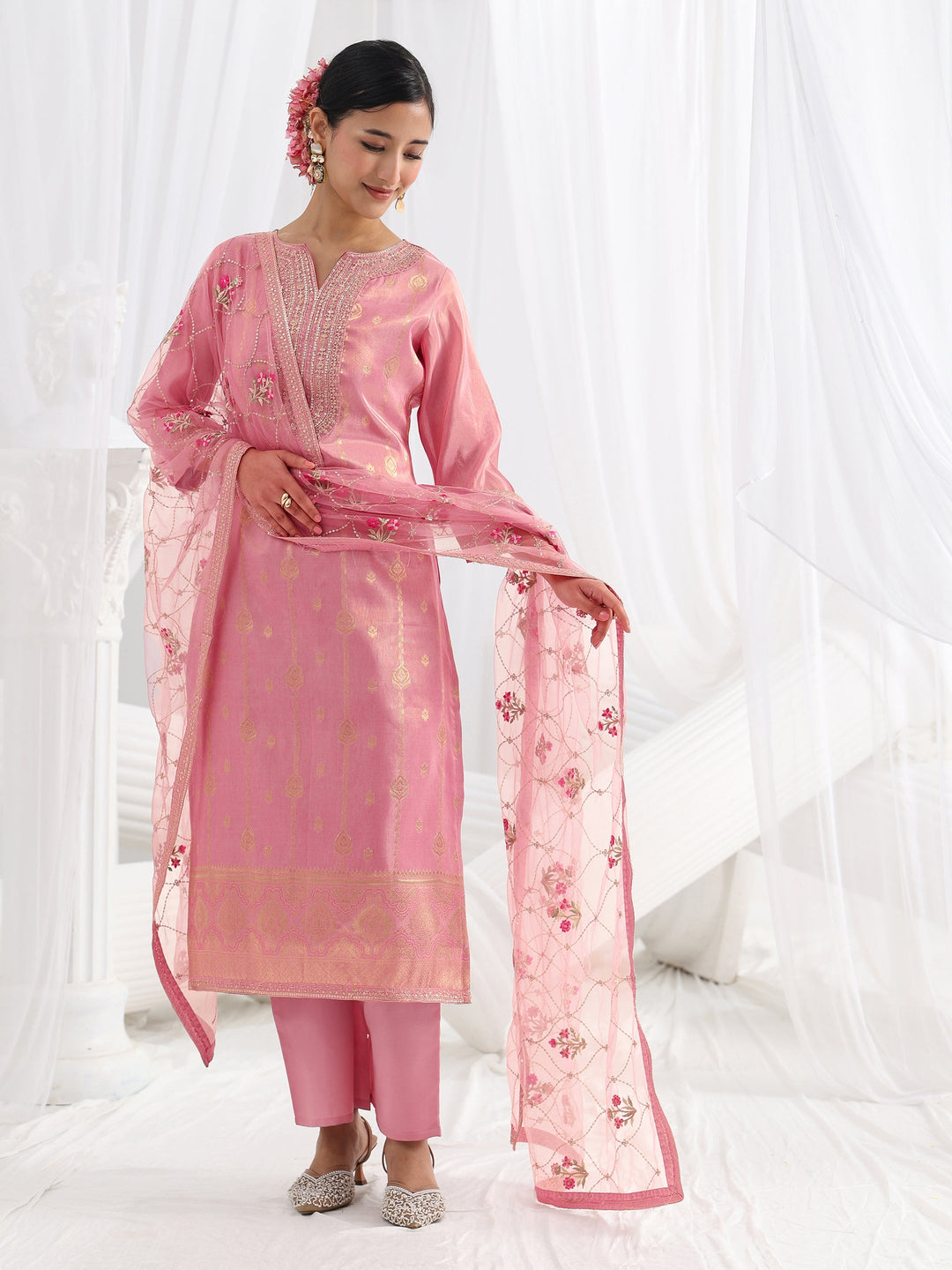  Pink Woven Design Silk Blend Straight Suit Set With Dupatta 